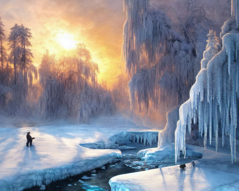 Frozen river at sunrise with snow-covered trees and icicles.
