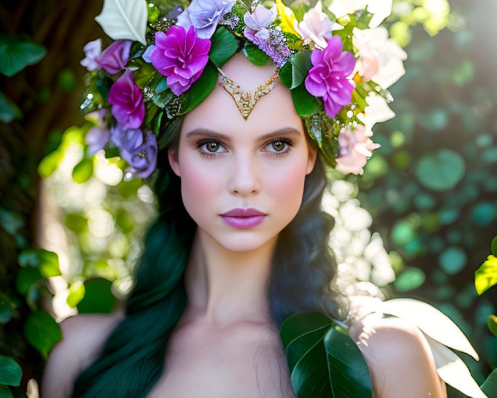 Green-haired woman with floral crown and golden chain against leafy backdrop