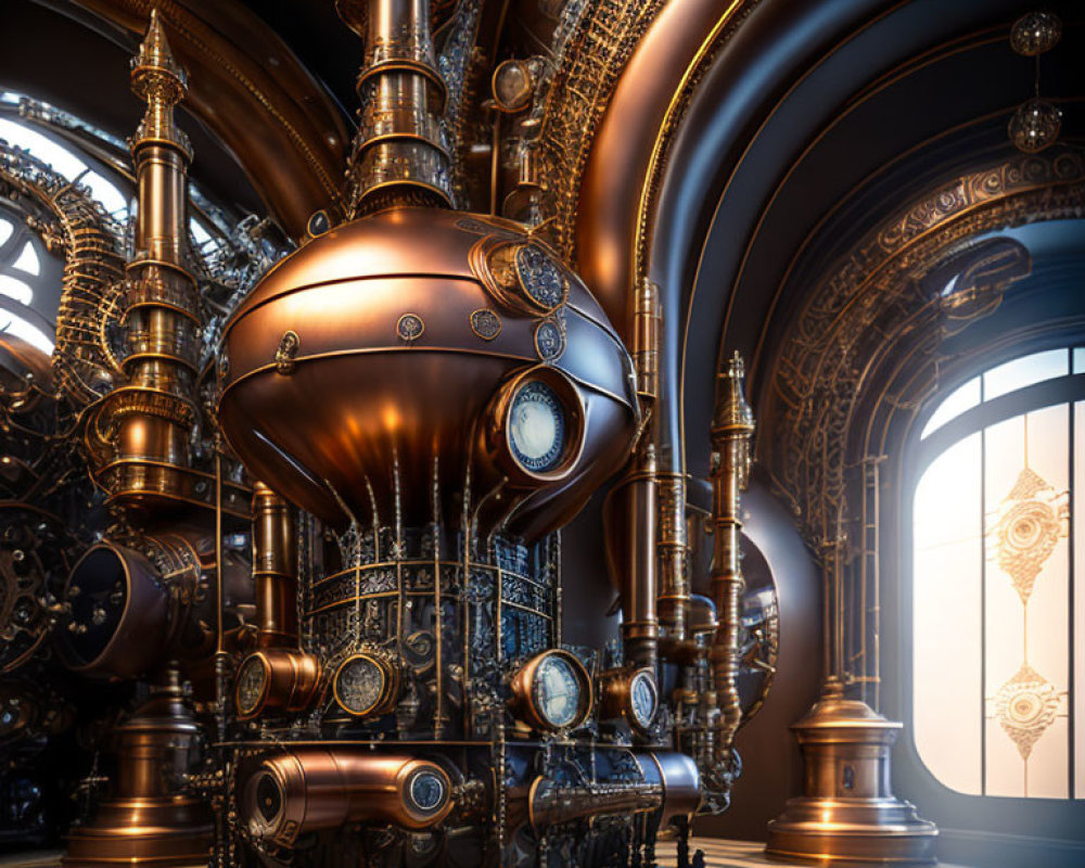 Intricate Steampunk-Inspired Room with Brass Machinery