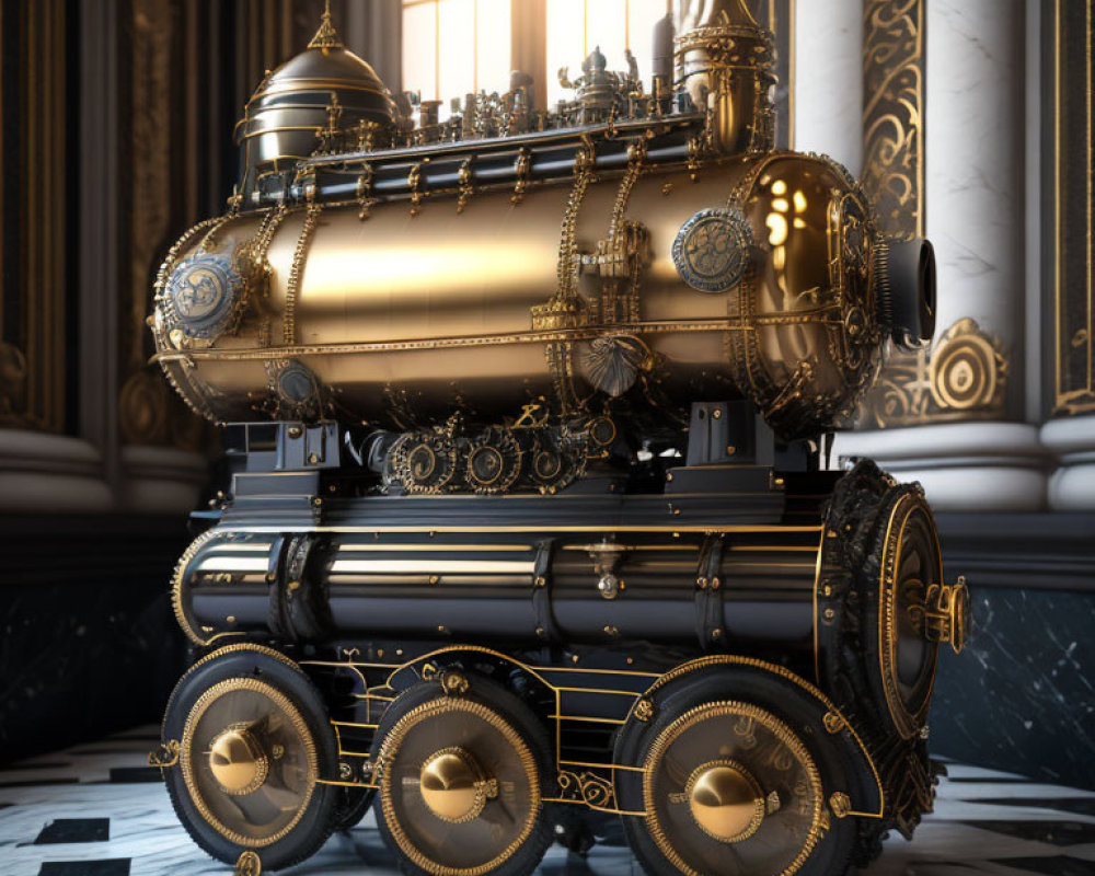 Steampunk-style locomotive with gold detailing in opulent classical room