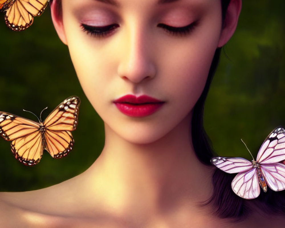 Woman with serene expression adorned with colorful butterfly crown against blurred green background