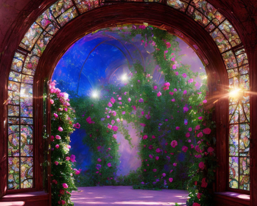 Colorful stained glass room with arched doorway to a magical garden full of pink flowers and lush green