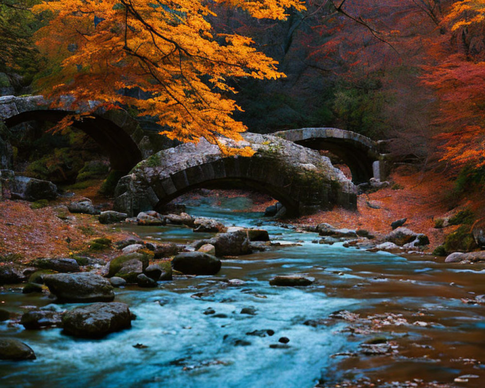Serene blue stream with old stone bridge amidst autumn forest