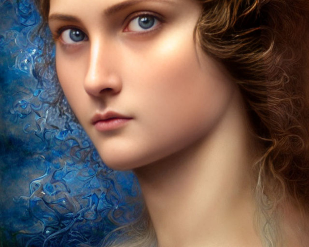 Portrait of woman with regal crown, intense gaze, blue backdrop, wavy hair