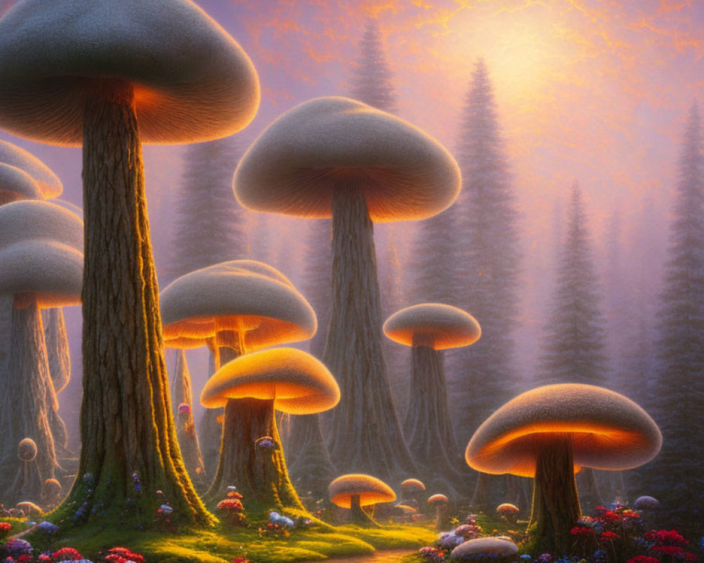 Fantasy forest with oversized mushroom trees and glowing path at sunset