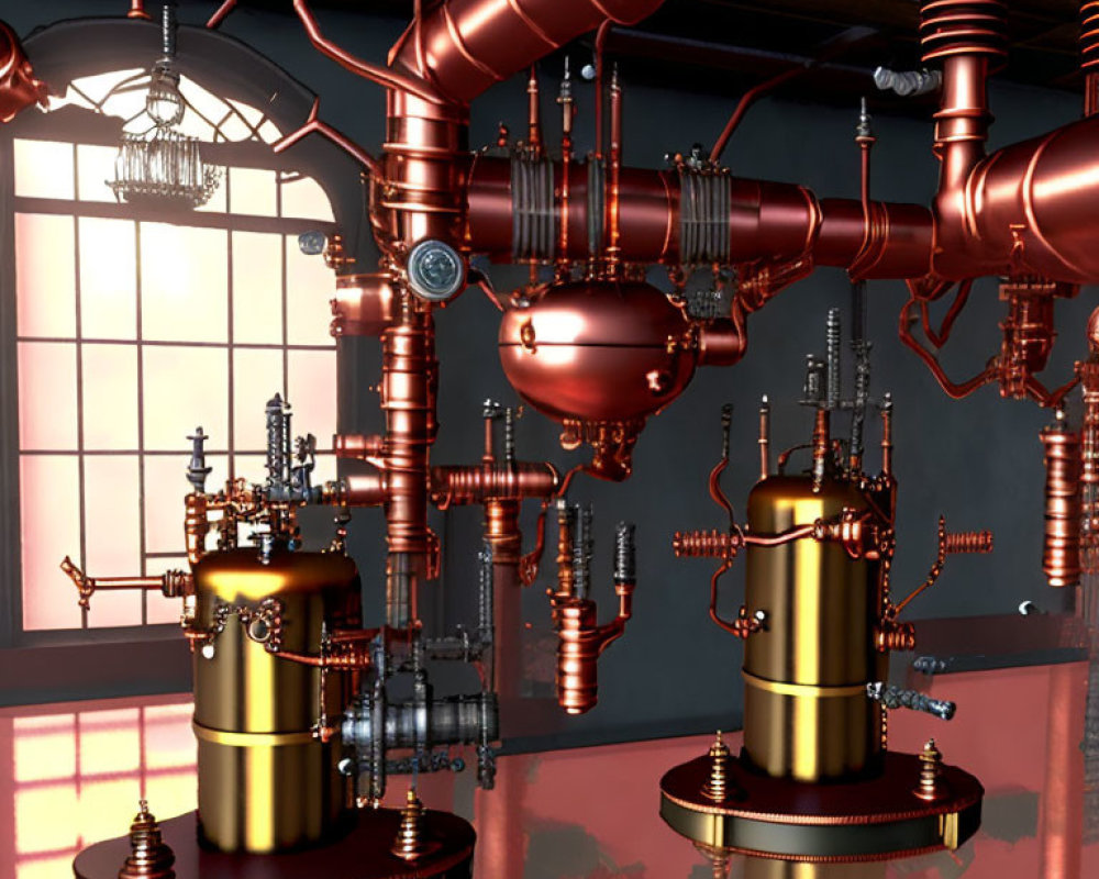 Steampunk-themed room with copper pipes and machinery in 3D render