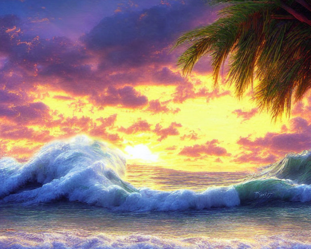 Colorful Beach Sunset with Palm Tree and Waves