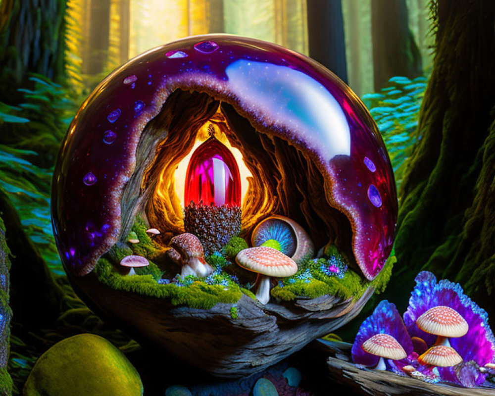 Ethereal glowing sphere in mystical forest with mushrooms