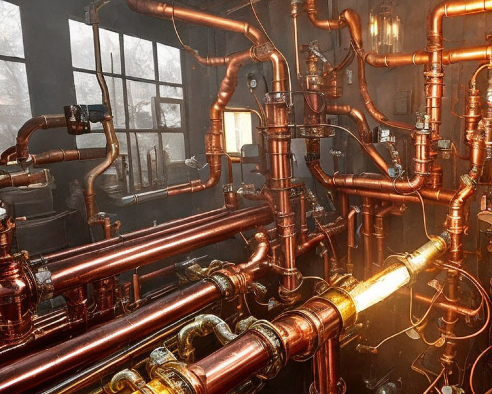 Steampunk-style Room with Copper Pipes and Glowing Lights