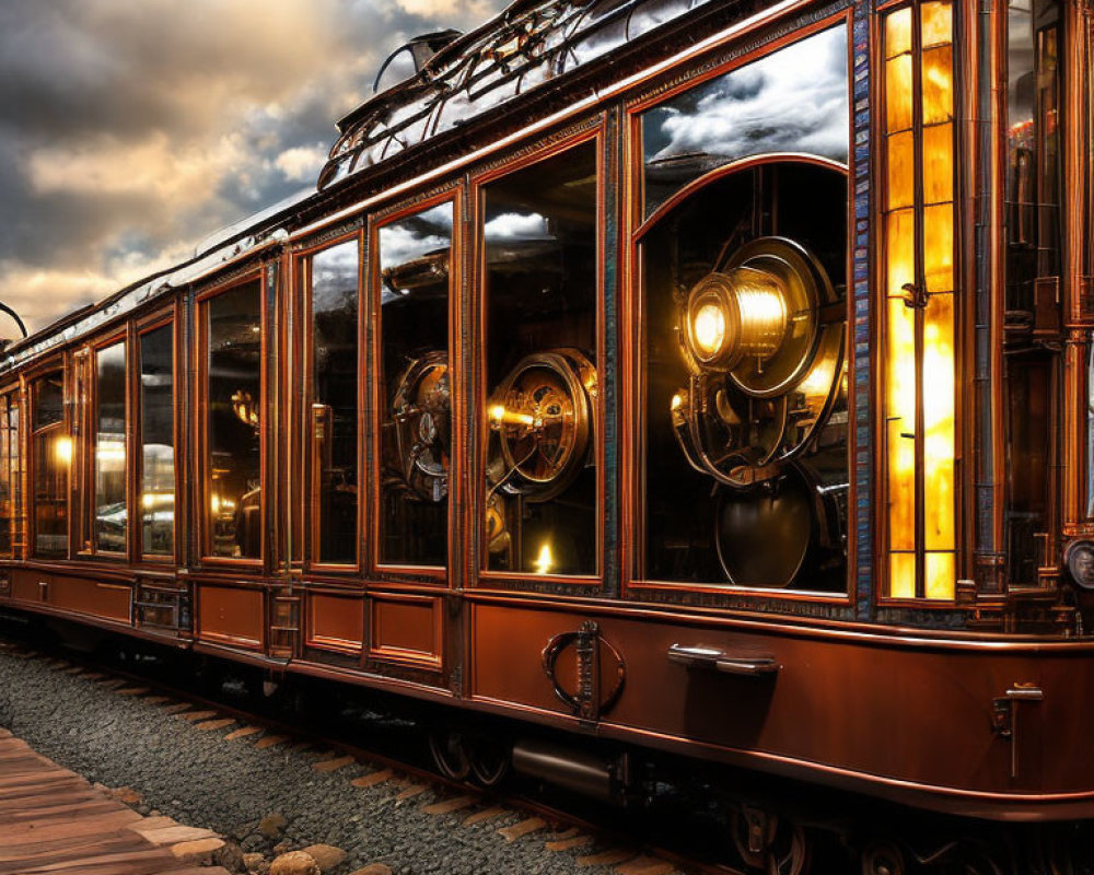 Vintage Tram with Glowing Interiors and Ornate Details at Dusk