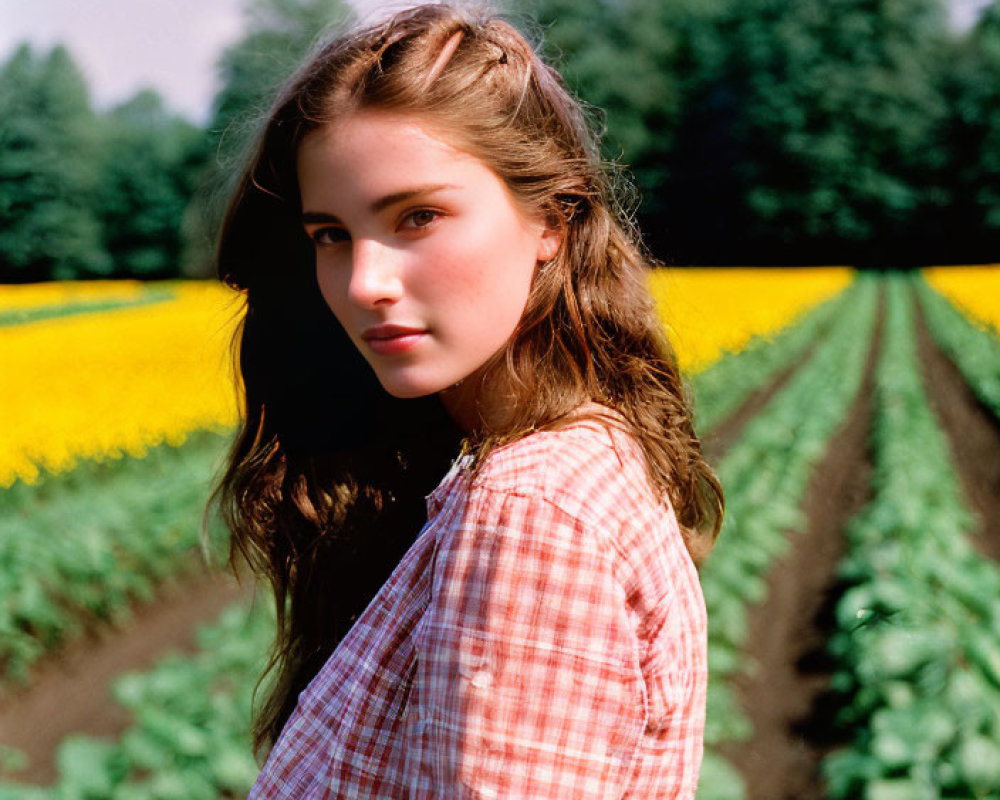 Young woman in checkered shirt in sunlit sunflower field.