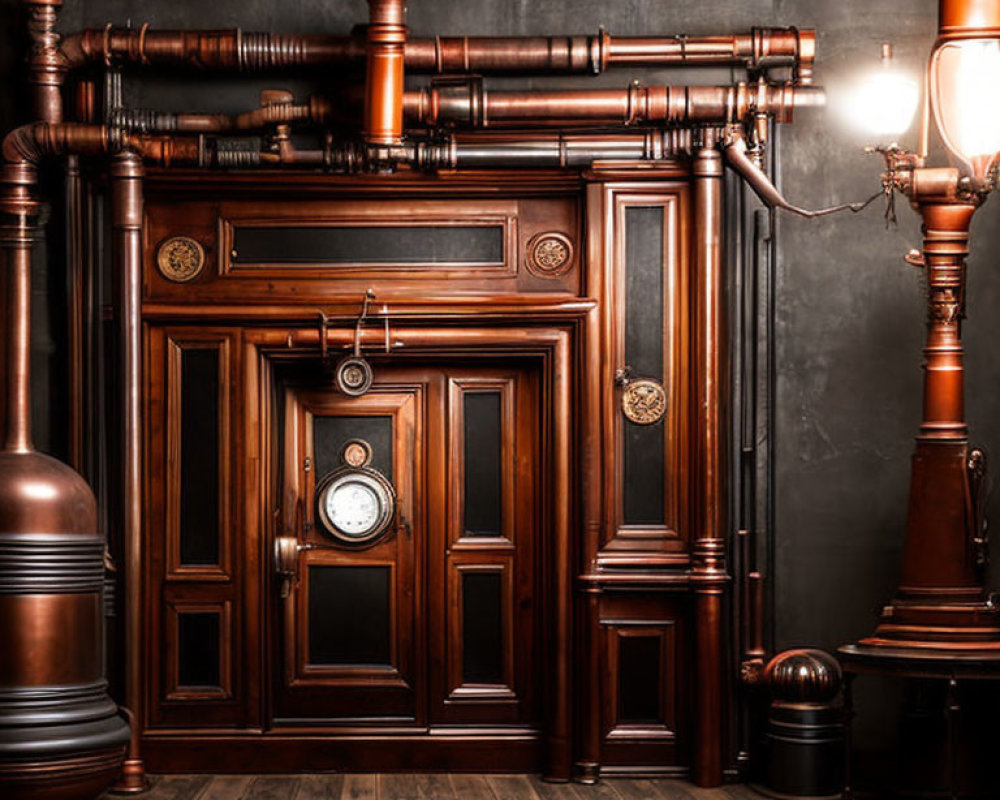 Vintage wooden door with ornate trim, copper pipes, gauge, and glowing bulb in steampunk