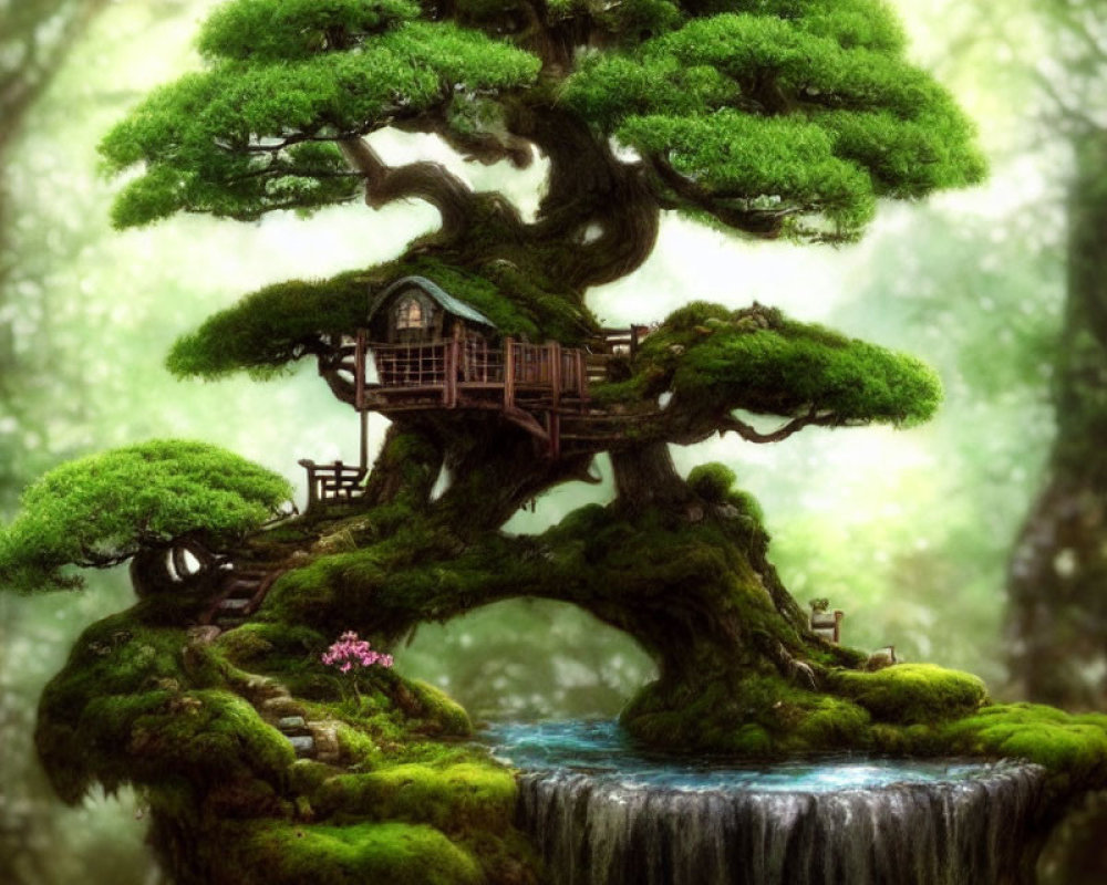 Detailed illustration of a lush bonsai tree with a wooden house by a waterfall