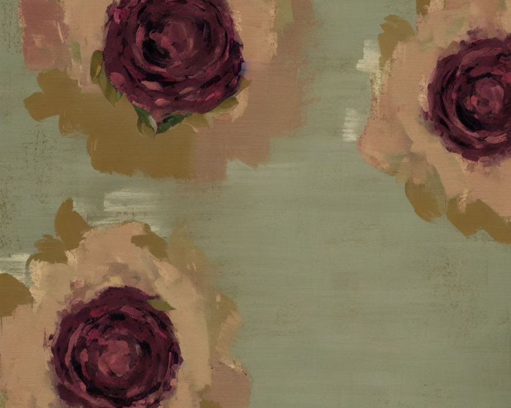 Abstract painting featuring three stylized roses in pink and maroon tones on textured olive-green background