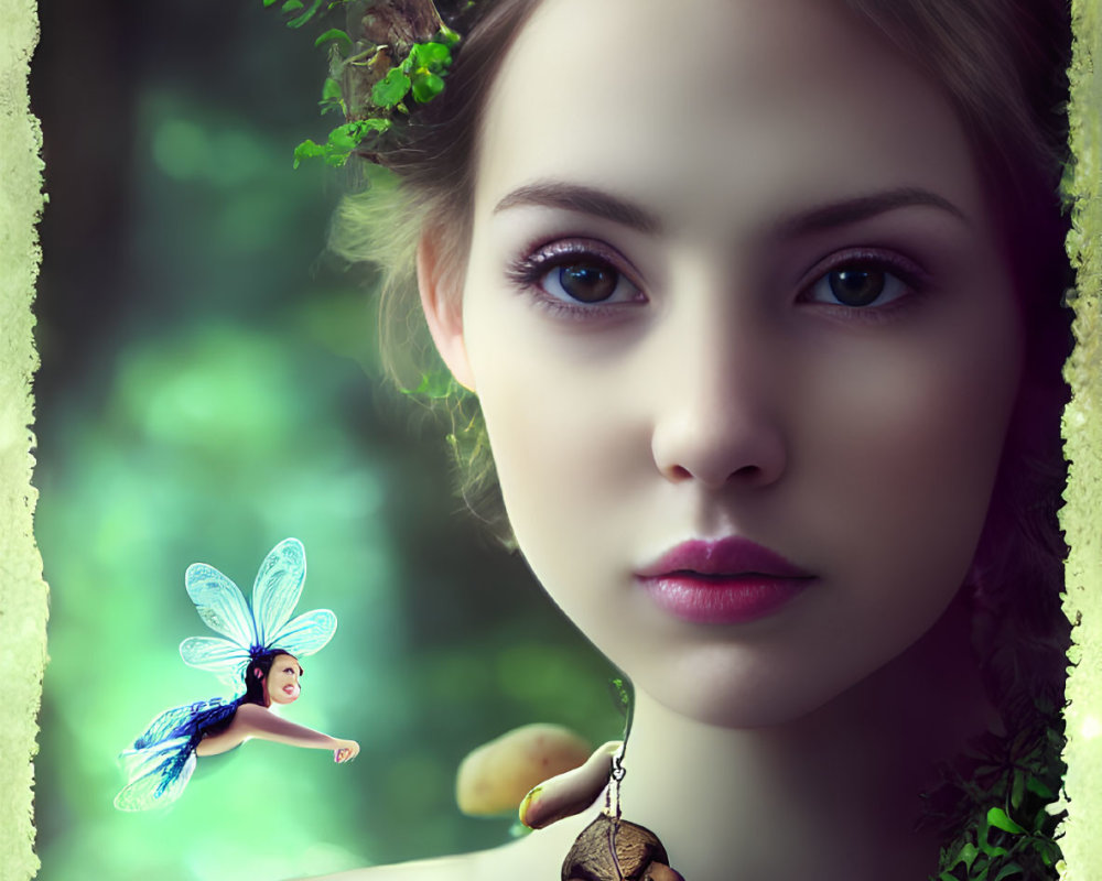 Young woman wearing nature-inspired accessories gazes at whimsical fairy in forest setting