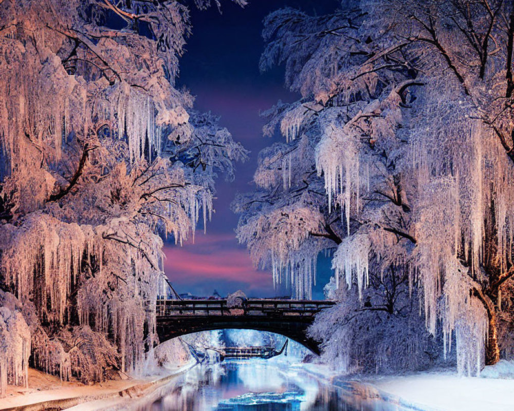 Snow-covered trees, icicles, frozen river, and twilight sky in winter scene