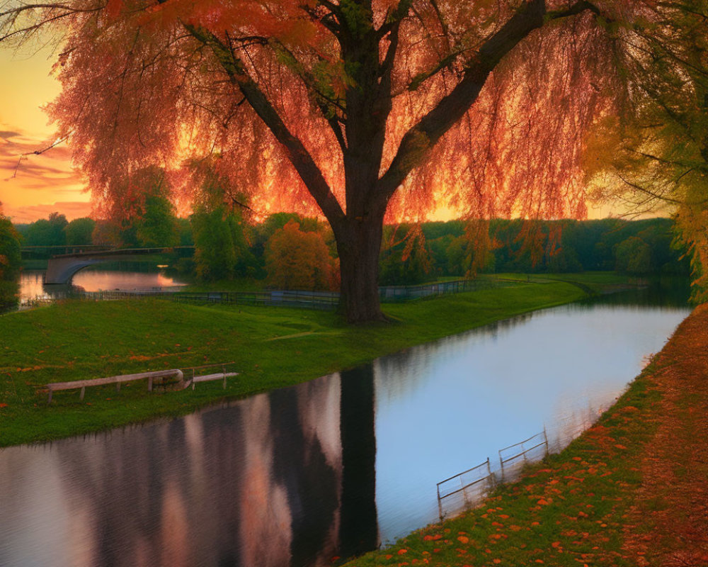 Majestic willow tree with autumn leaves by tranquil river at sunset