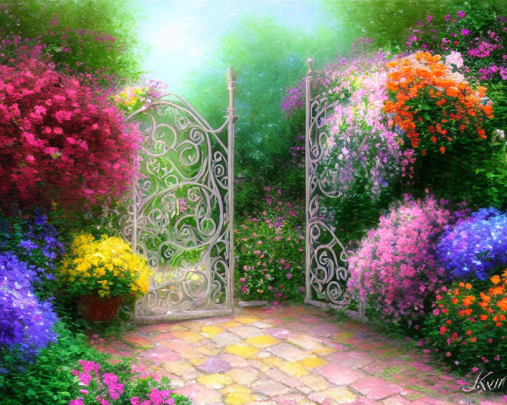 Ornate open gate to vibrant garden path lined with lush flowers