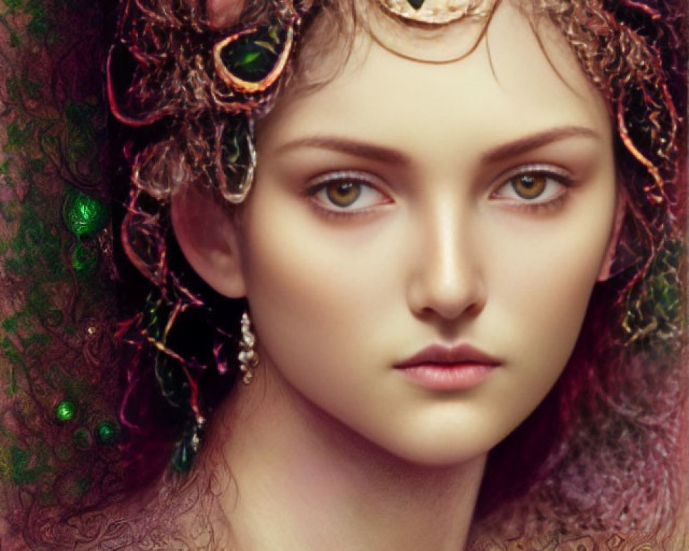 Intricate green gem crown on woman in autumnal setting