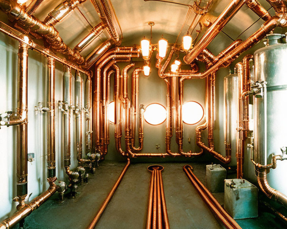 Industrial Room with Copper Pipes, Valves, and Round Hanging Lights