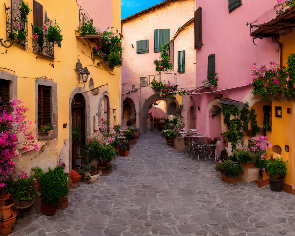 Colorful European Alley with Yellow and Pink Walls and Green Shutters