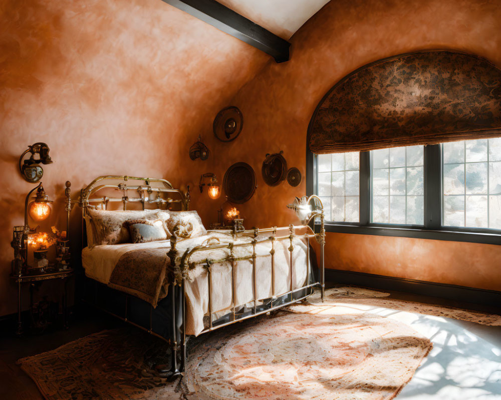 Vintage metal bed in cozy bedroom with warm orange walls and antique decor