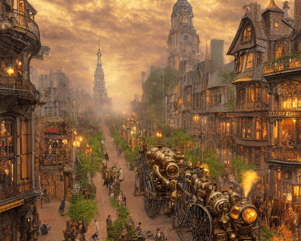 Victorian-era street scene with ornate buildings and steam-powered vehicles at dusk