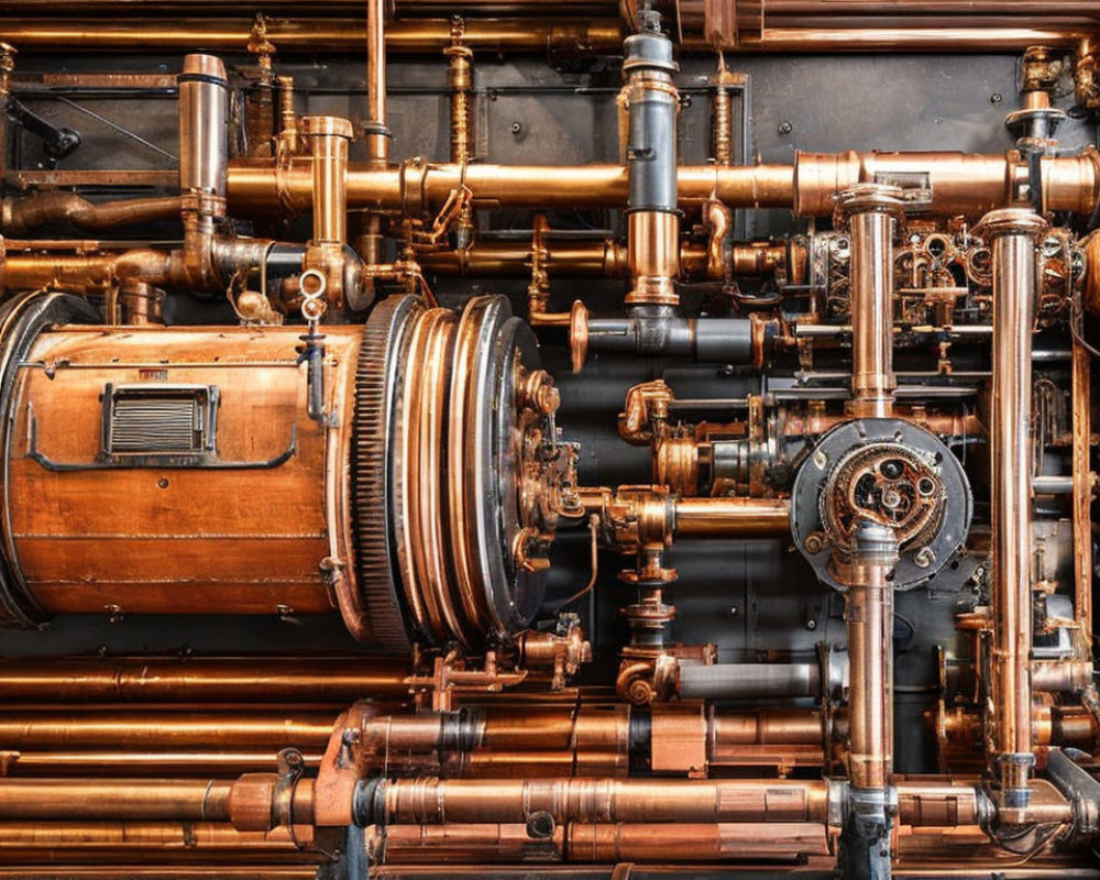 Shiny copper pipes and fittings with valves and gauges in industrial design.