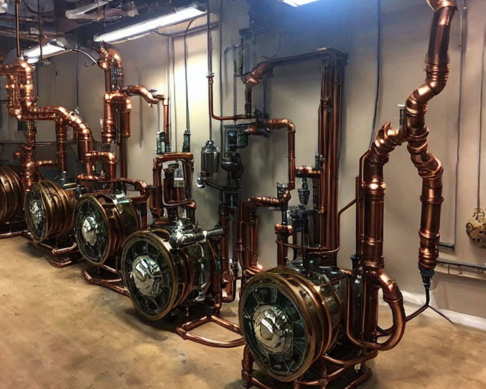Shiny copper distillation units with pipes and fittings in industrial setting