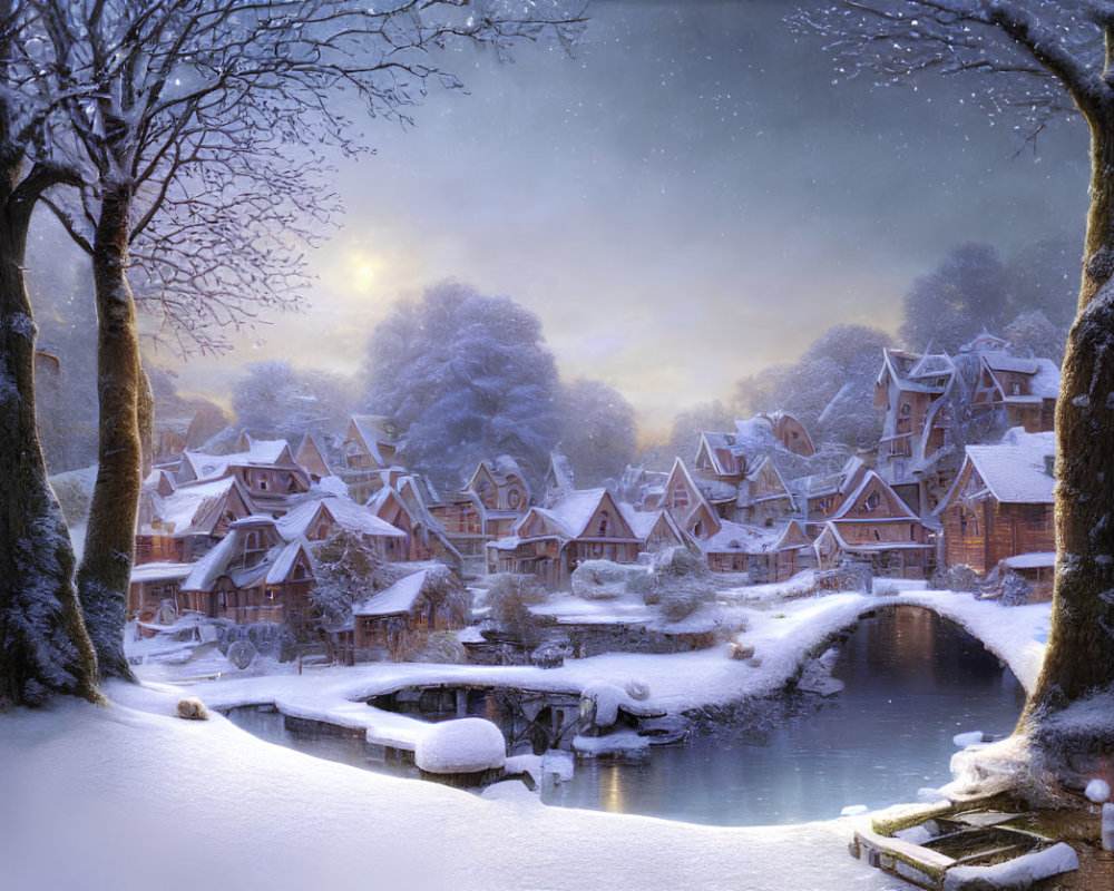 Snow-covered village by river under twilight sky with falling snowflakes