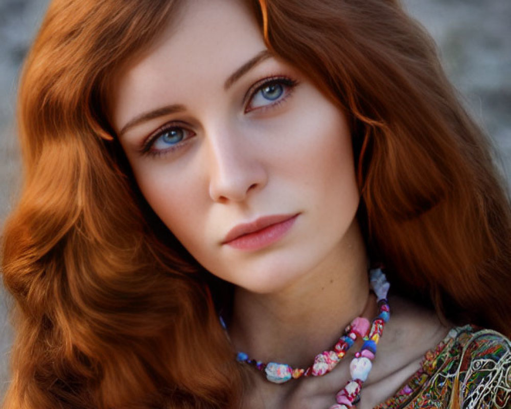 Young woman with long auburn hair and blue eyes in colorful outfit