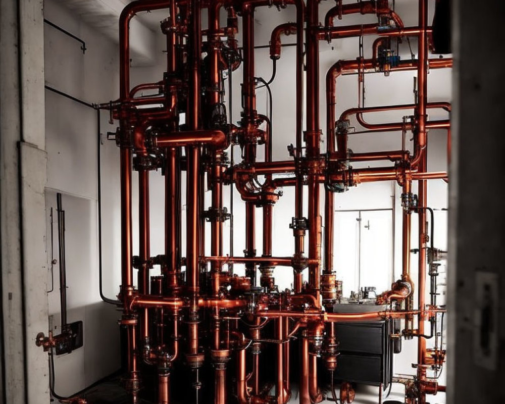 Red and Copper Pipes and Valves Against Concrete Wall in Industrial Setting
