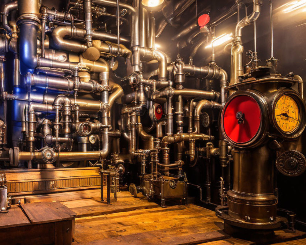 Steampunk-Themed Room with Pipes, Gauges, Warm Lighting, and Wooden Floor