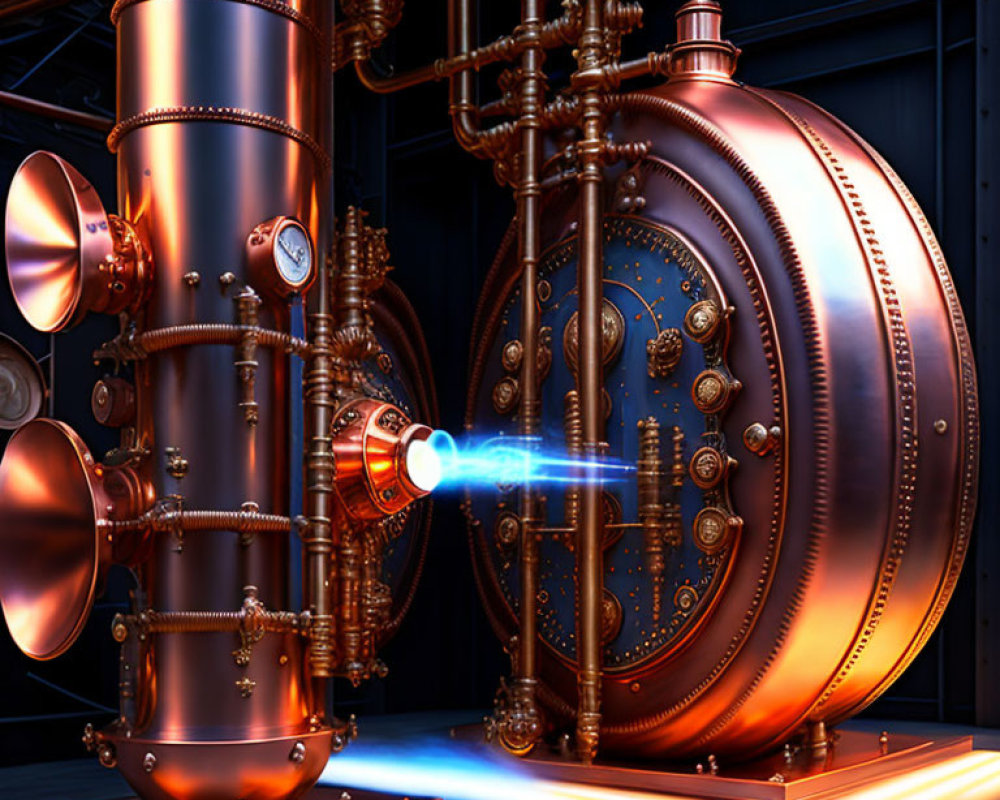 Detailed futuristic machinery emitting blue plasma beam in industrial setting