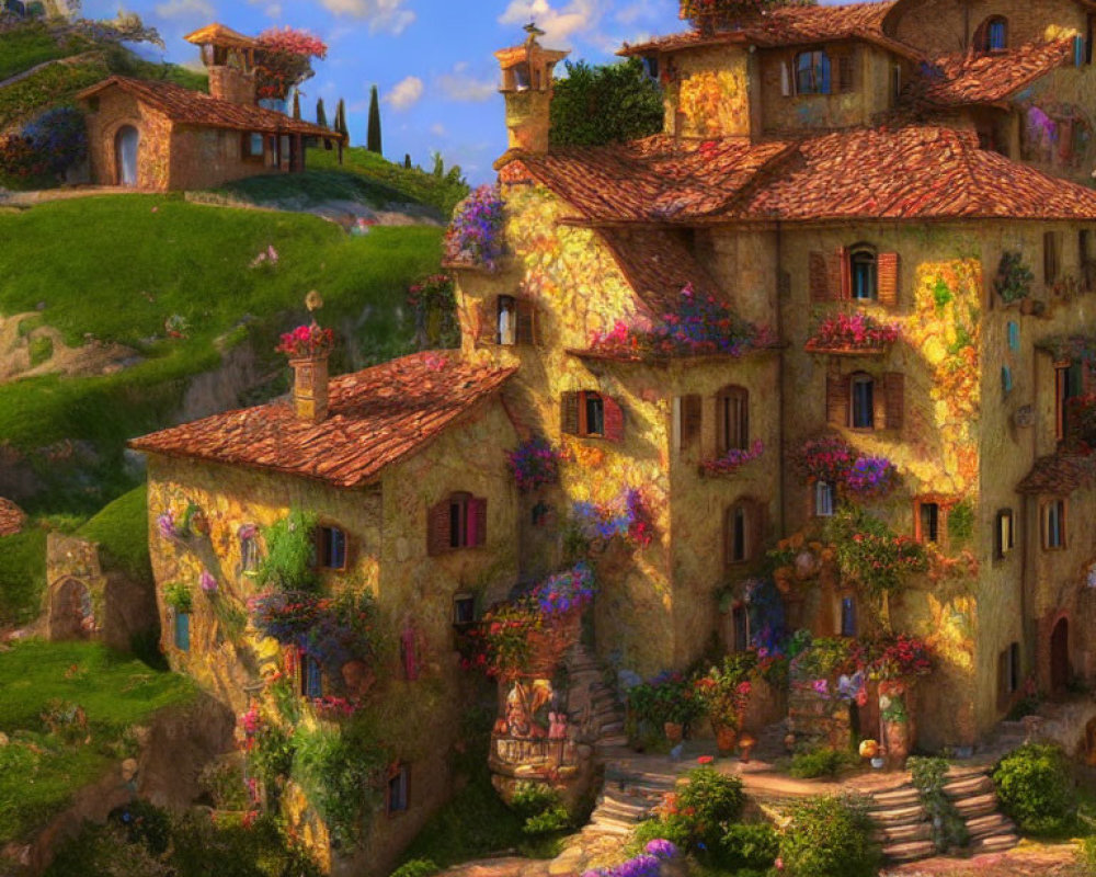 Picturesque stone houses with terracotta roofs and vibrant flowers on lush hillside