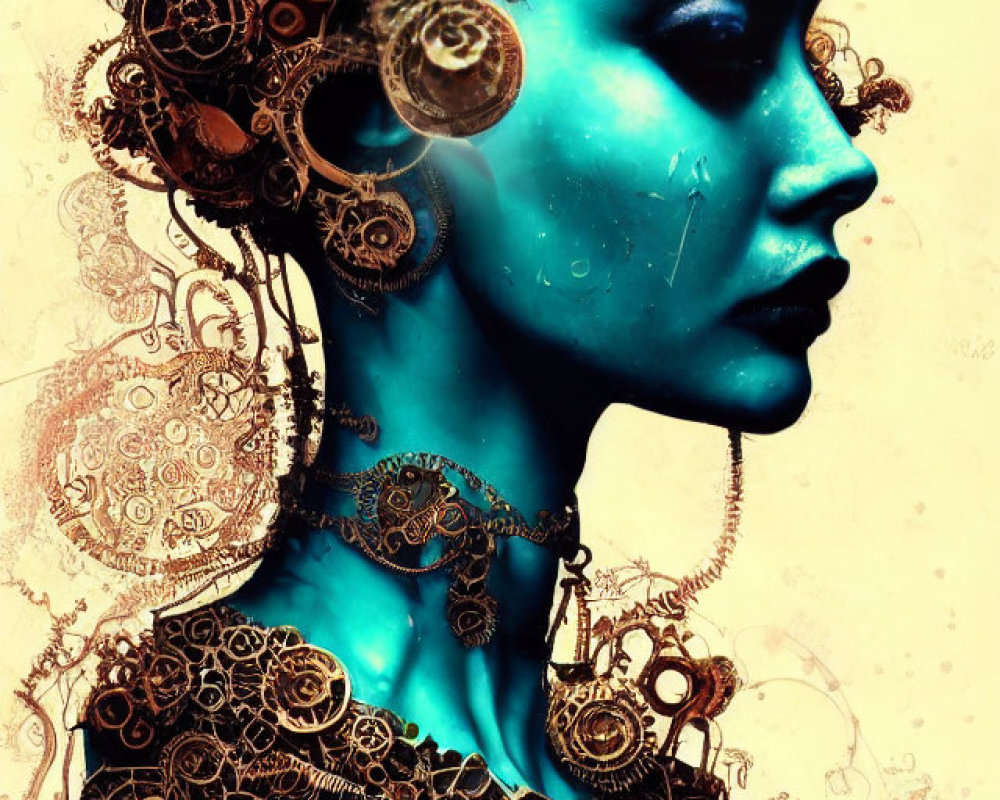 Blue-skinned woman with steampunk gear adornments
