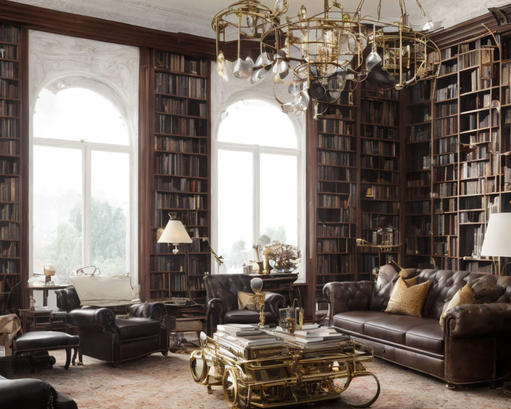 Sophisticated library with bookshelves, leather sofas, large windows & chandelier