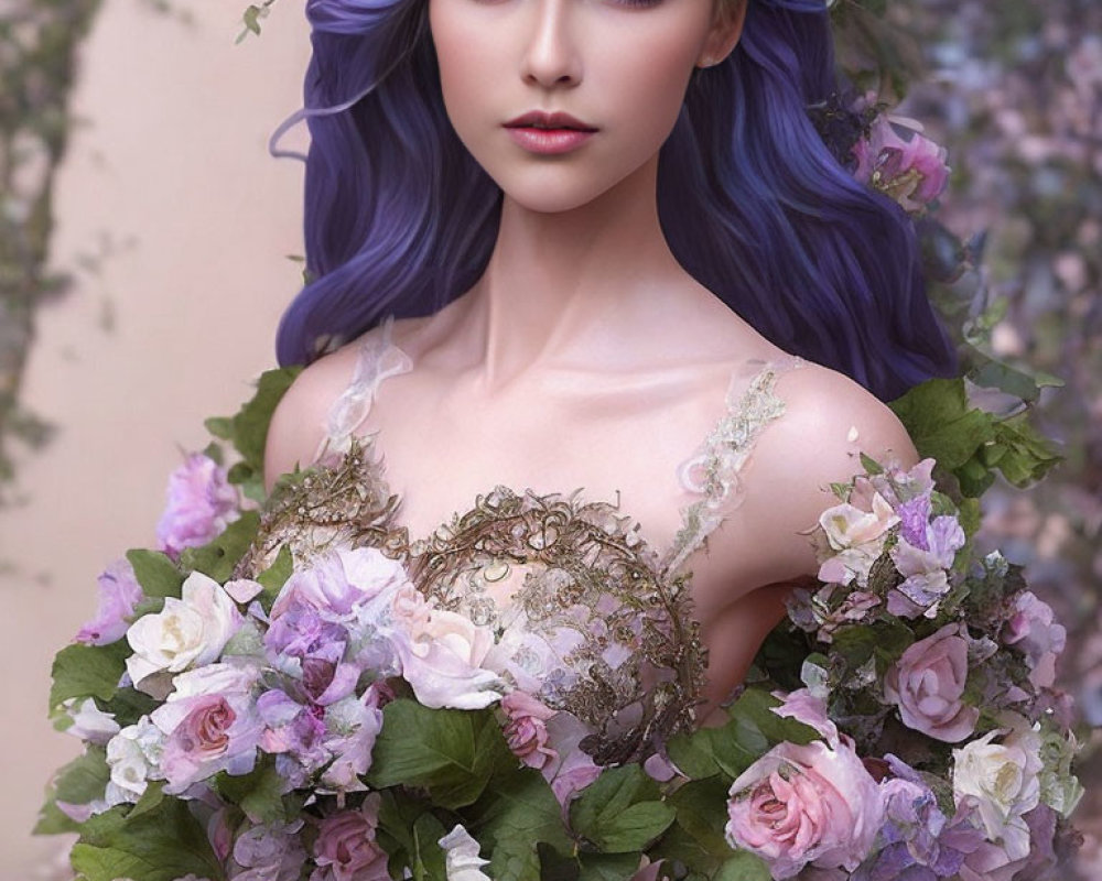 Fantasy portrait: Woman with violet hair in floral dress among blossoming vines