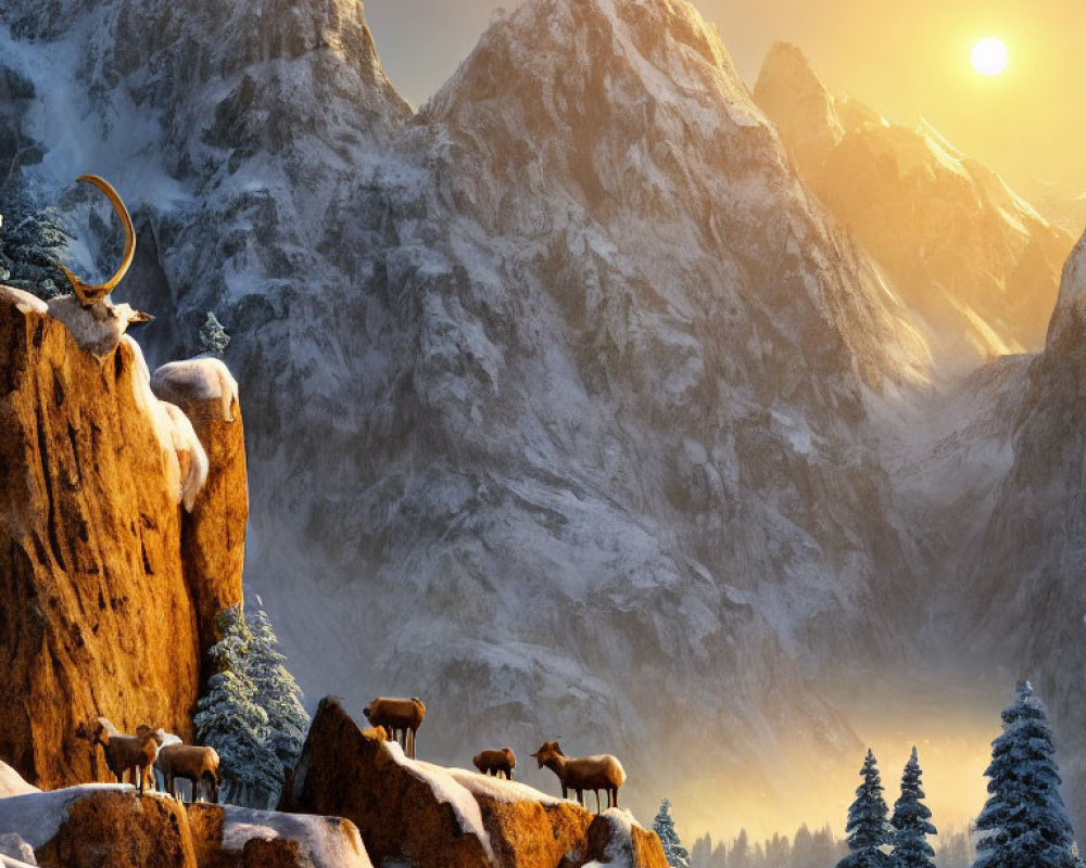 Herd of ibex on rocky outcrop with snow-covered mountains at sunset