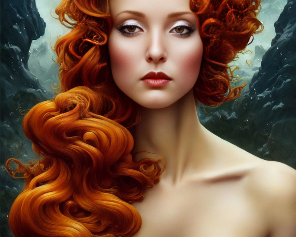 Portrait of Woman with Radiant Red Curly Hair on Green Background