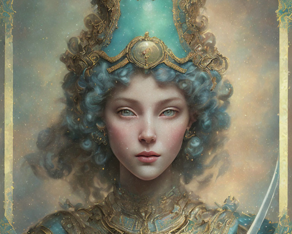 Digital artwork of woman in turquoise and gold armor with ornate headdress in serene pose.