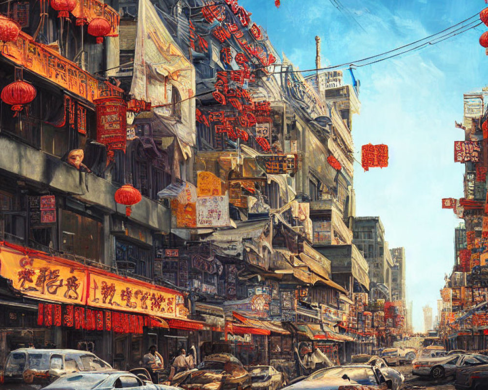 Busy Urban Street with Chinese Signage and Red Lanterns
