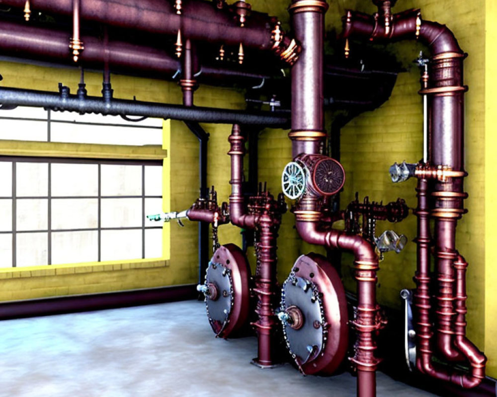 Yellow-walled industrial room with large windows and red-brown pipes