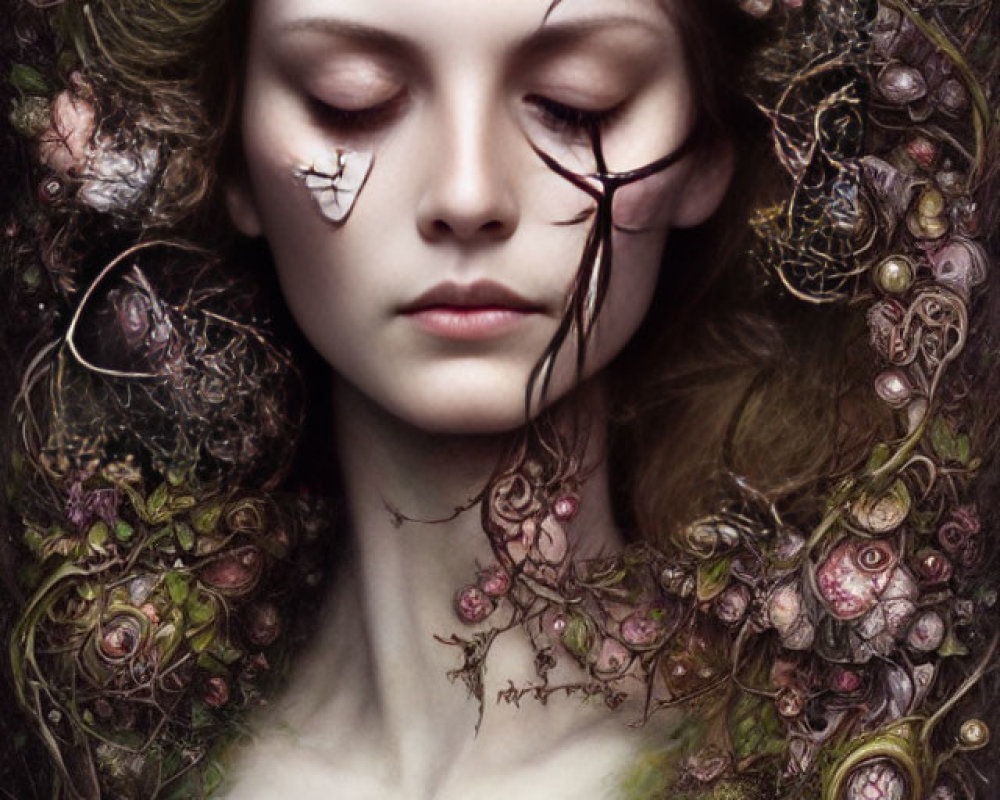 Detailed portrait of a woman with closed eyes surrounded by floral wreath and nature elements