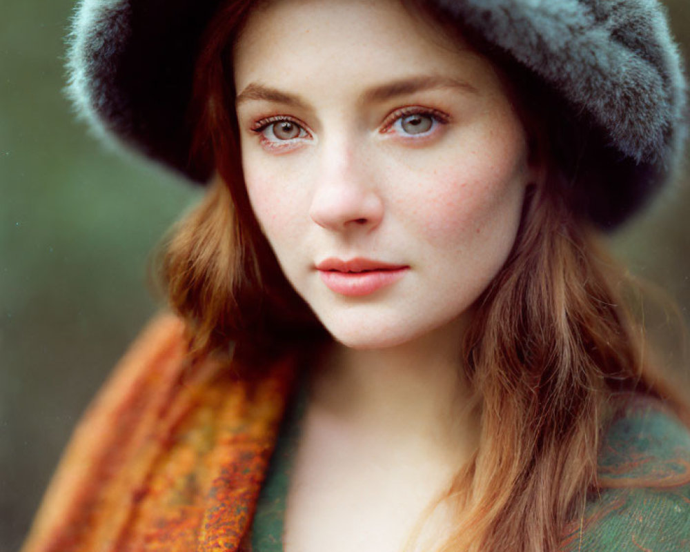 Young woman with auburn hair and freckles in warm hat and orange scarf.
