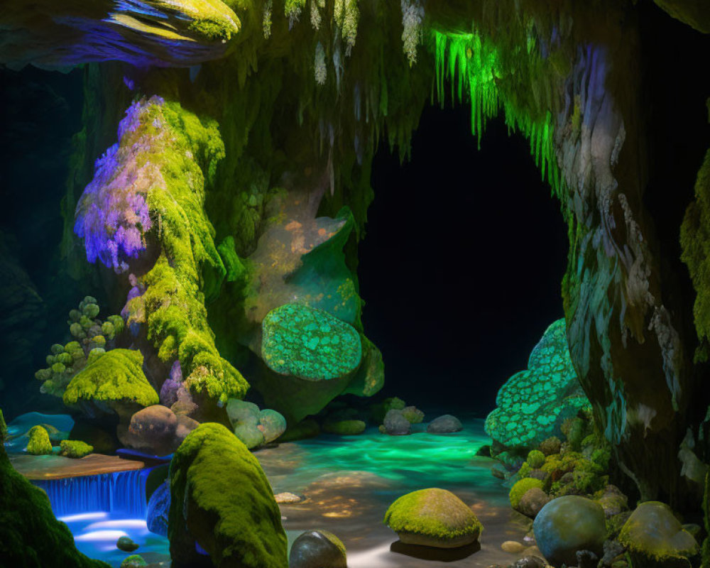 Colorful Illuminated Cave with Moss, Pond, and Waterfall