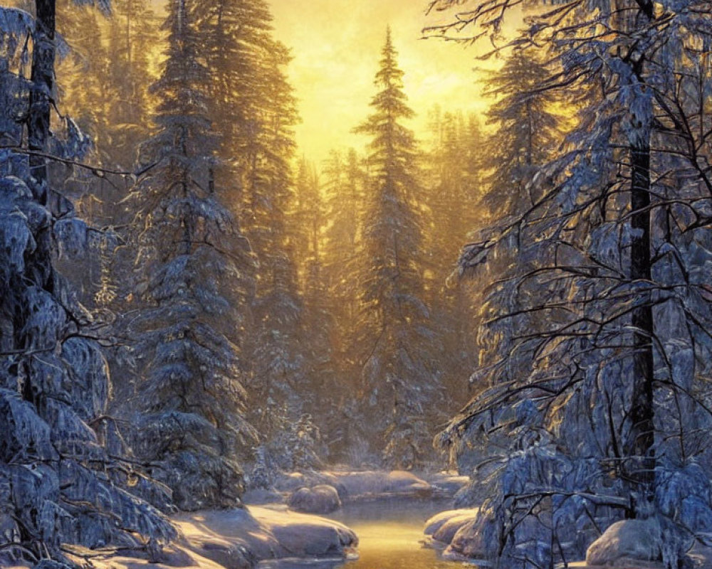 Dog in Snow-Covered Forest at Sunset