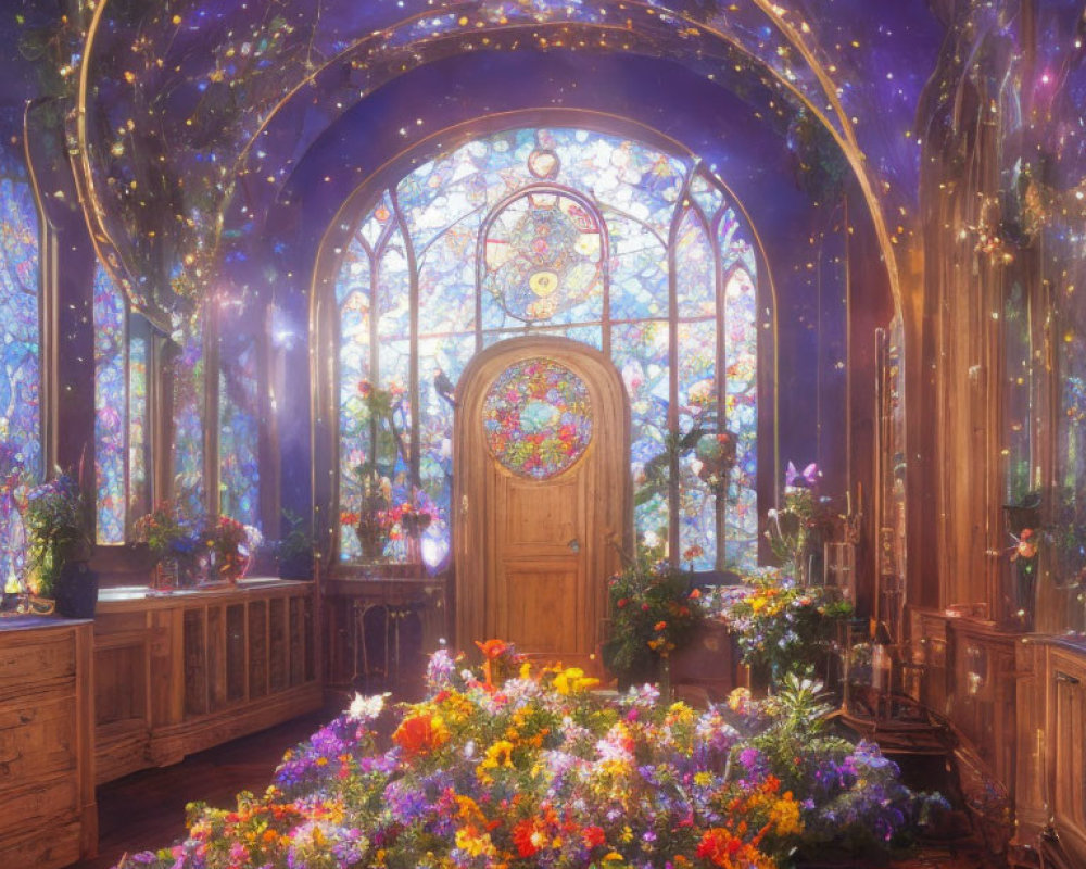 Colorful Flower-Filled Room with Celestial Ceiling & Stained-Glass Window