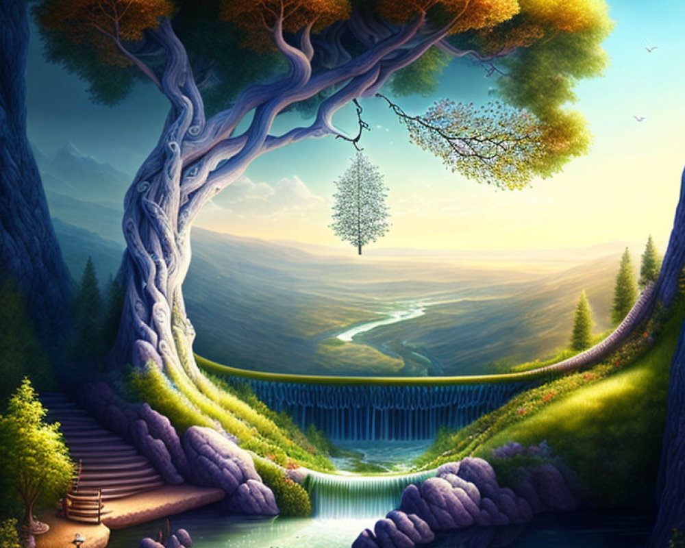 Fantasy landscape with crystal blue lake, lush trees, waterfall, and unique floating tree.