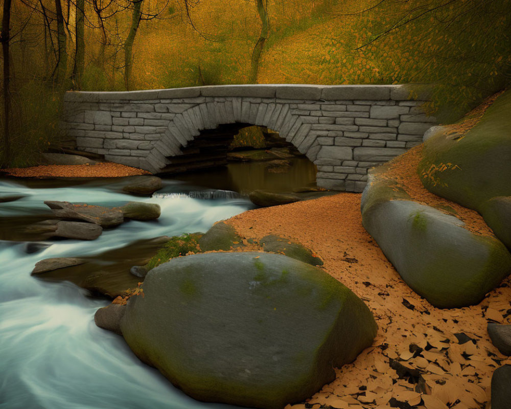 Tranquil autumn landscape with stone bridge and flowing stream